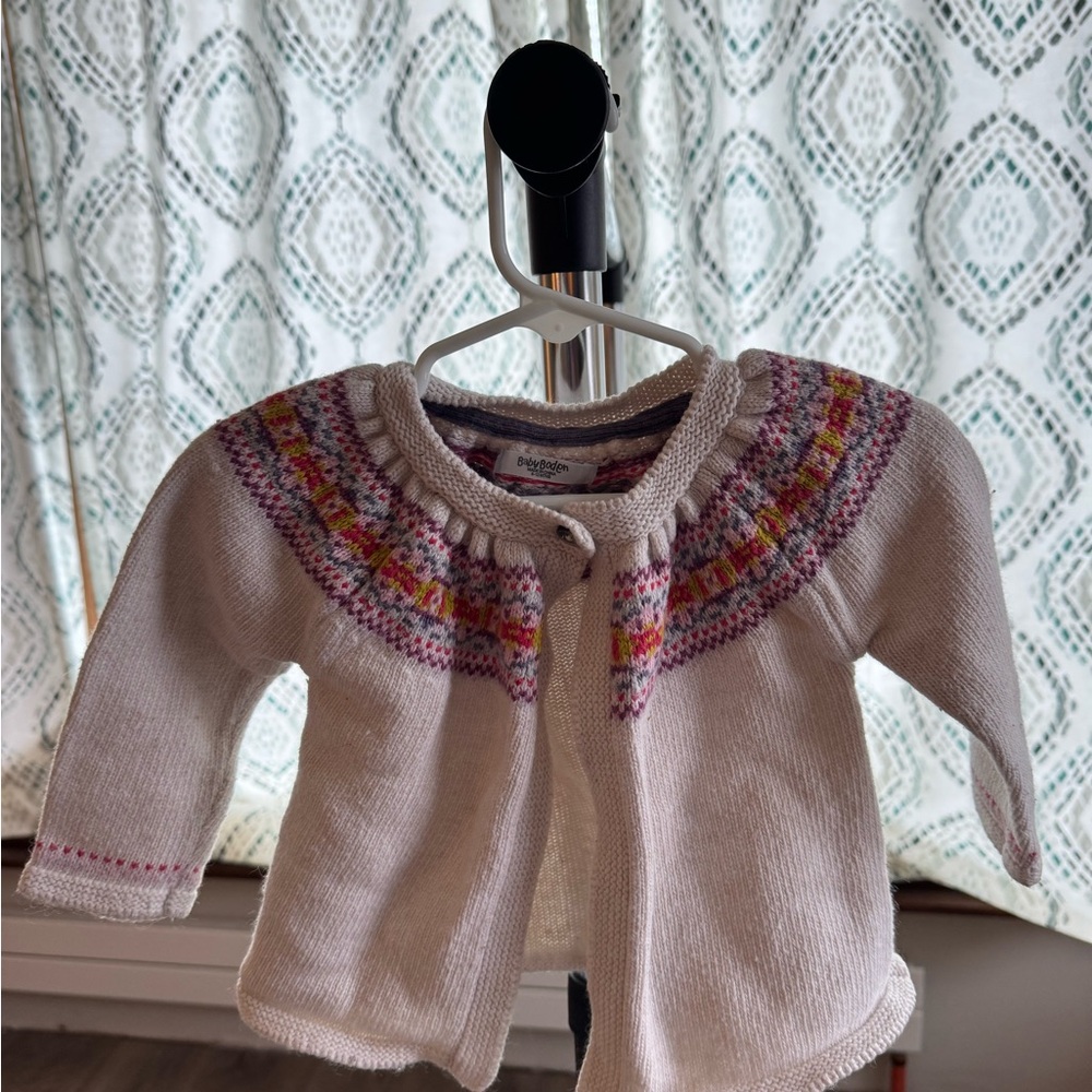 Baby Boden Cream Knit Cardigan with Pink, Yellow & Purple Yoke